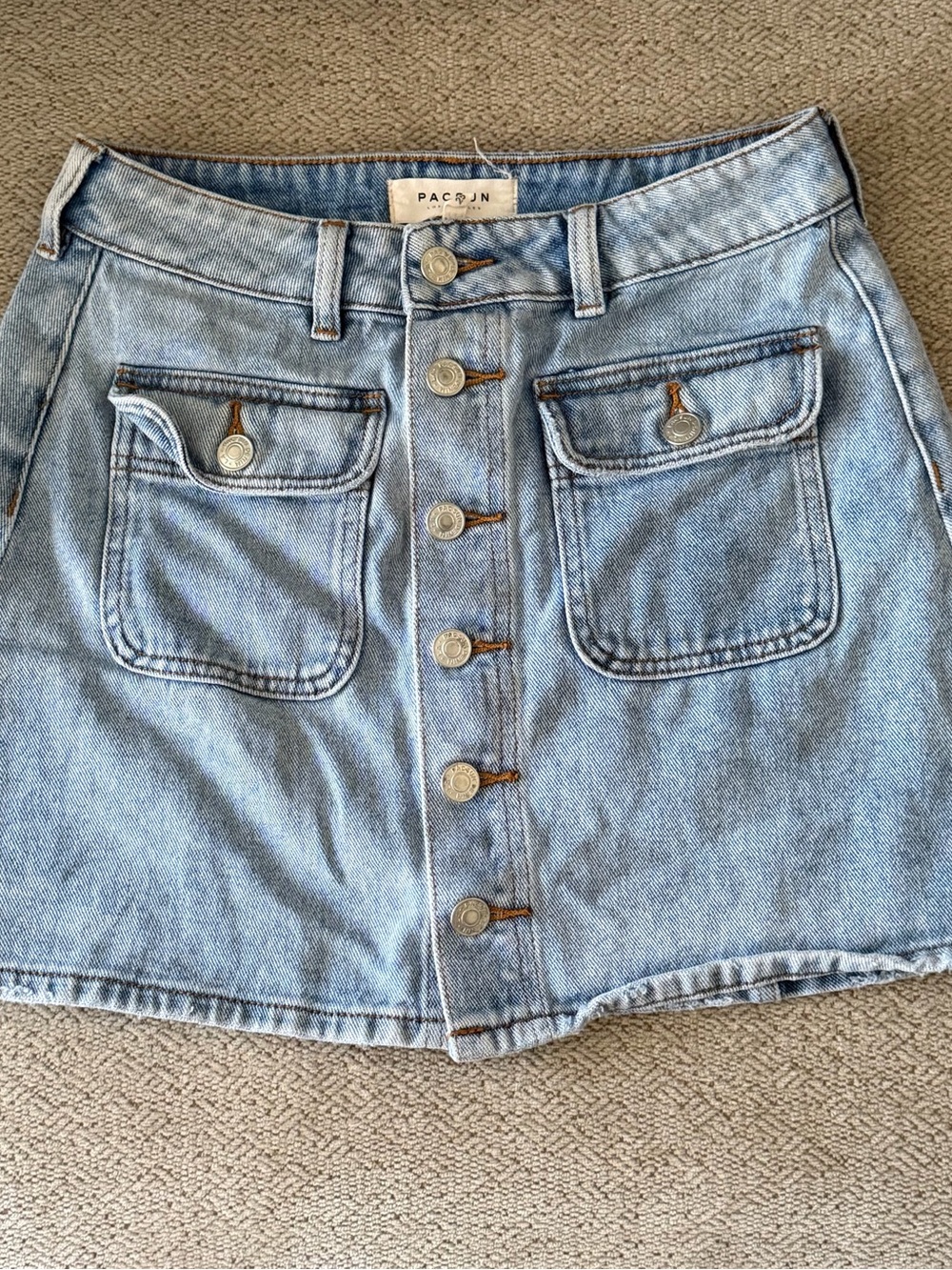 PacSun Light Blue Button-Front Denim Mini Skirt with Front Patch Pockets